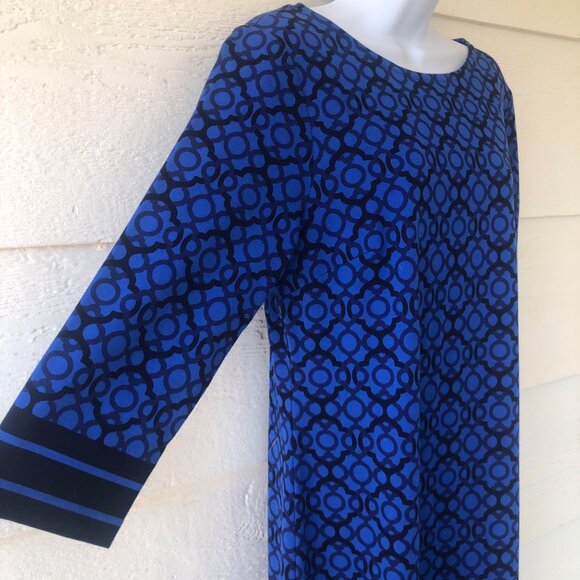 Talbot’s Midi Dress Royal Blue & Black Geo Design Contrasting Trim Sz Medium - Picture 7 of 16